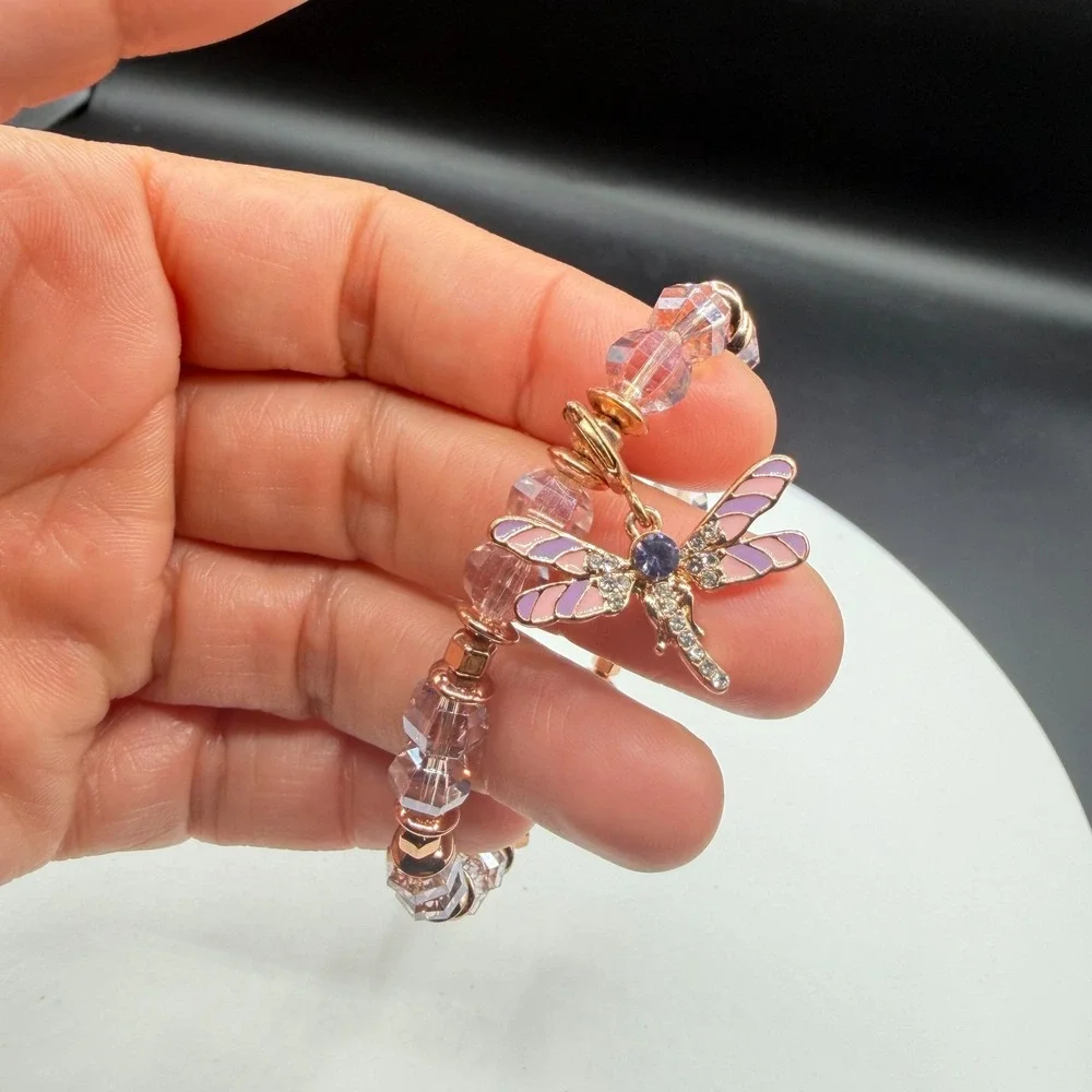 Rose Gold Tone Dragonfly Charm Beaded Stretch Bracelet Pink Crystal Boho Gift
